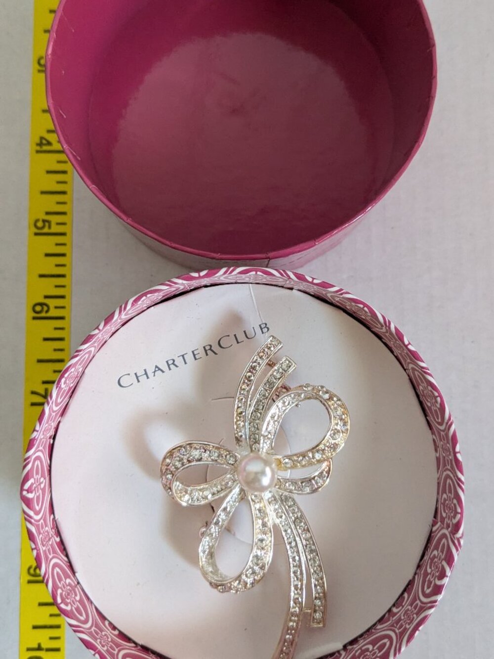 CHARTER CLUB Silver Tone Faux Pearl Ribbon Brooch Pin